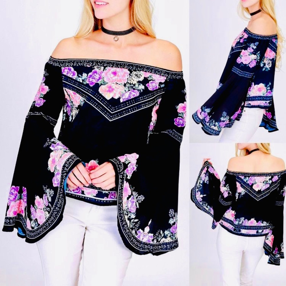 Black Floral Off Shoulder Dramatic Bell Sleeve Top